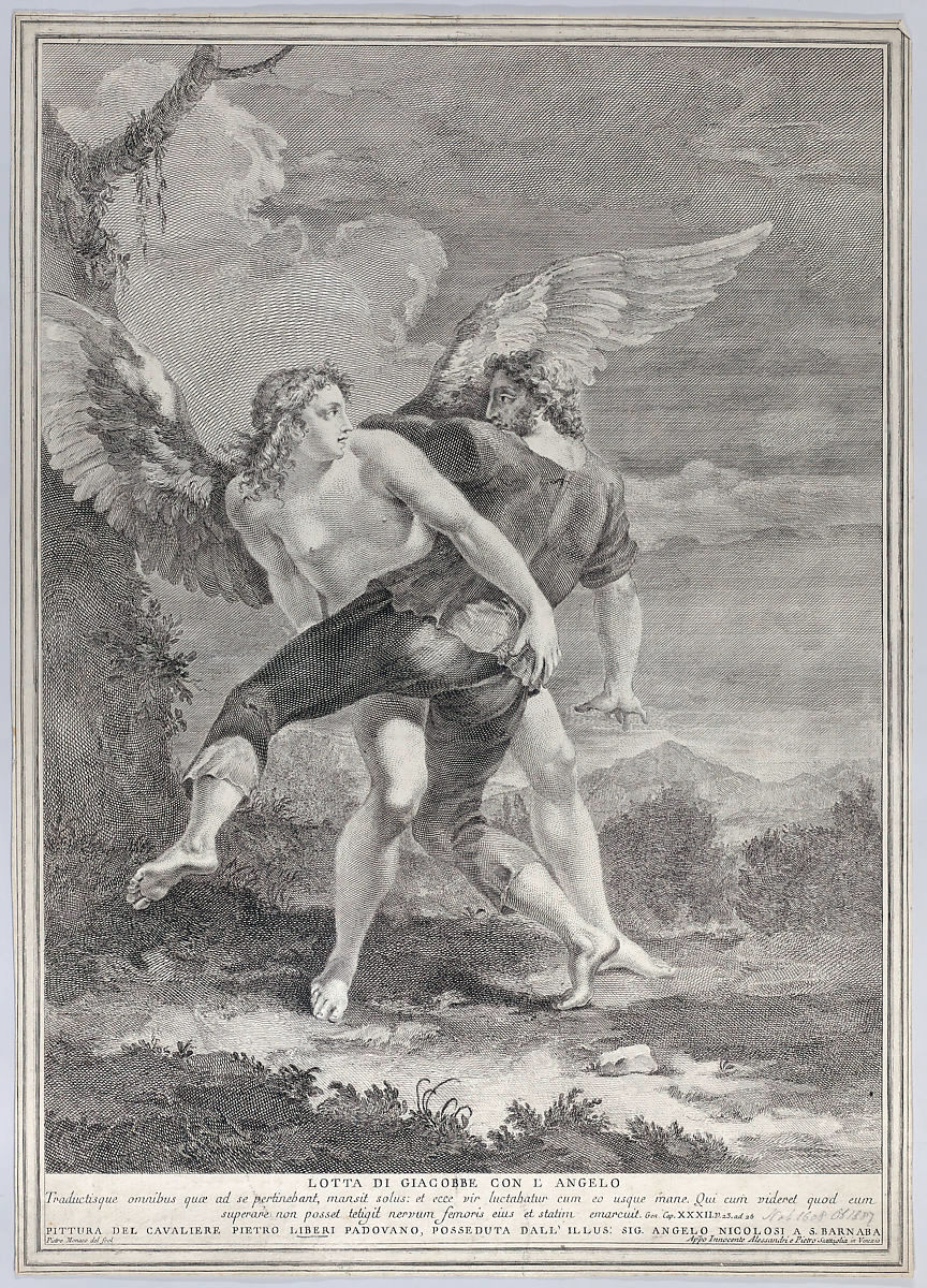 Painting of an angel with wings holding a man