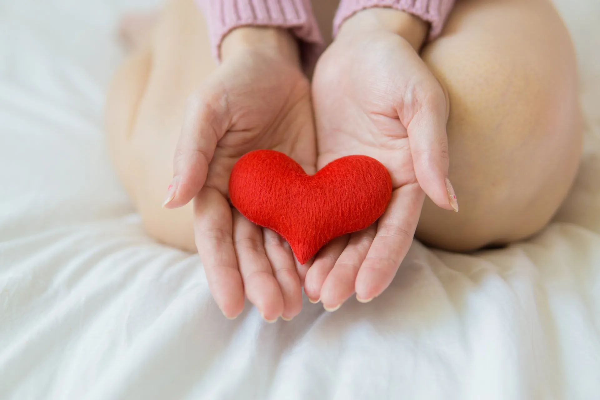 Hands cupped together holding a red stuffed heart