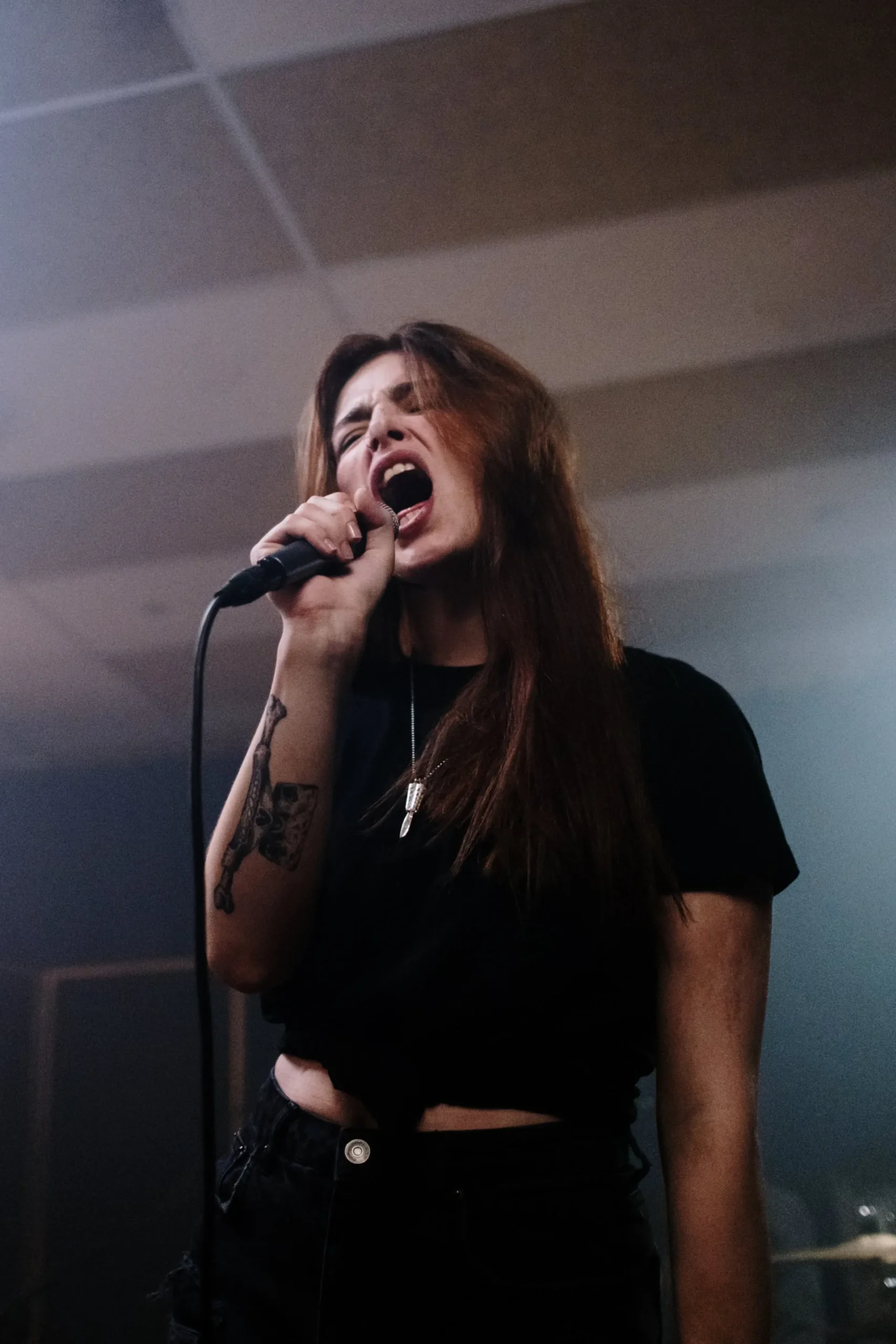 Woman singing into microphone on a stage